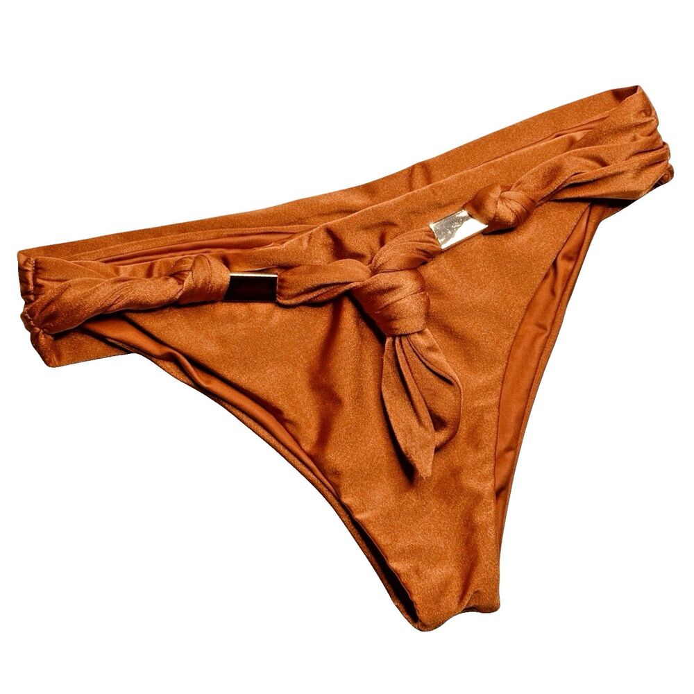 Reina Olga Ohm Bikini Bottom Copper Bronze Shimmer Knotted Gold Hardware NWT Med